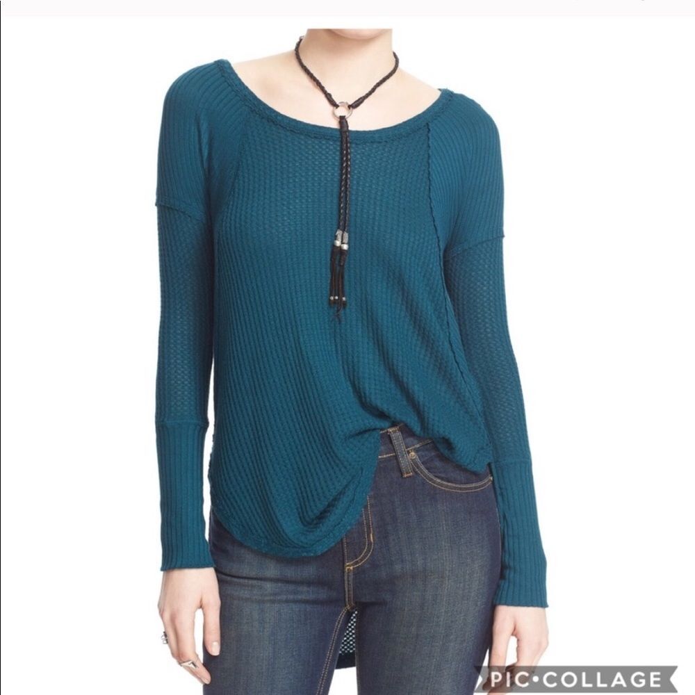 Free People Teal Ventura Waffle Knit Top